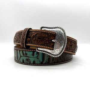 Nocona Color Overlay Croc Floral Embossed Leather Belt N2498908 Mens Tan 40